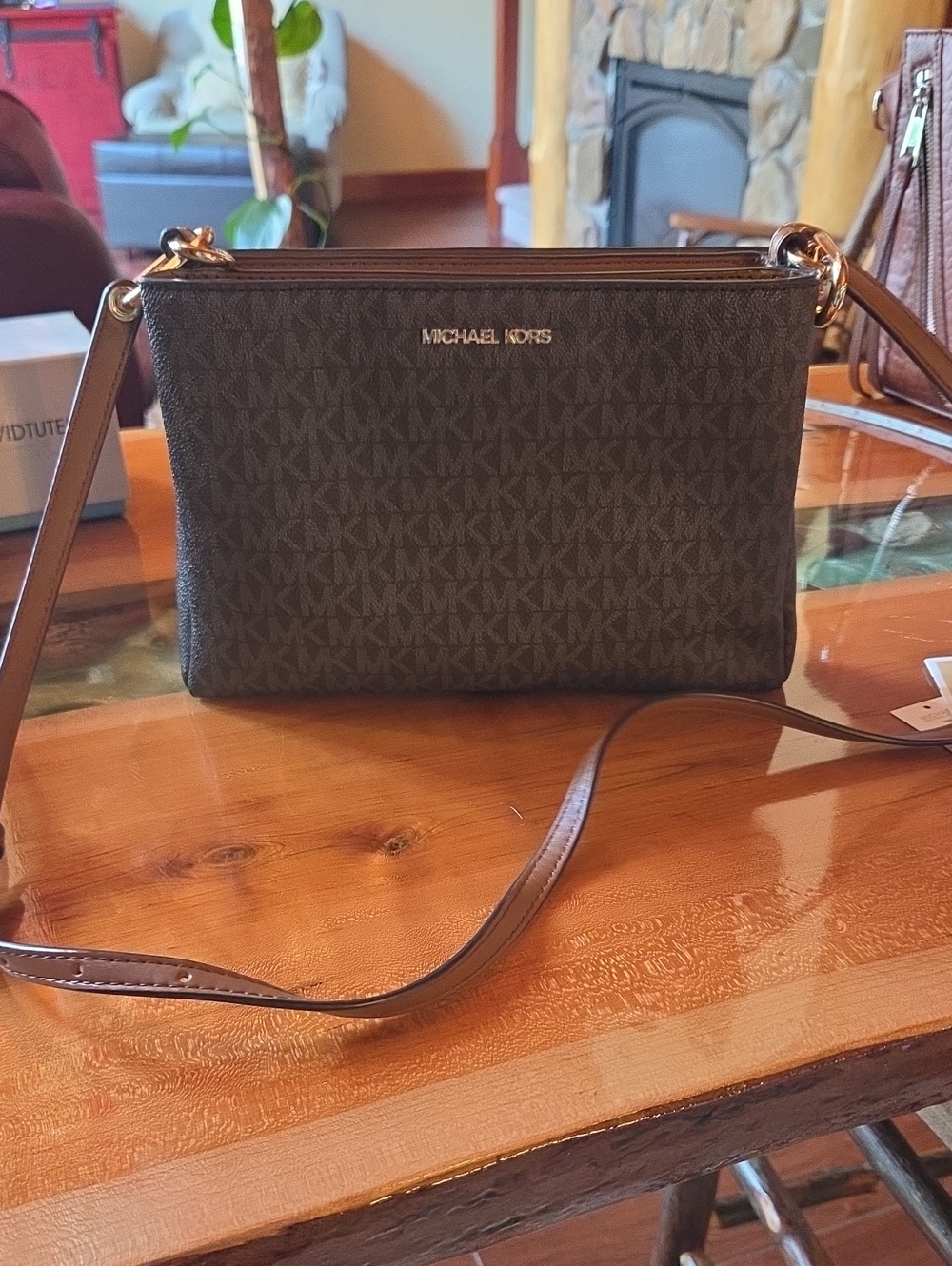 MICHAEL KORS Dark Brown MK Logo Crossbody with Gold Hardware
